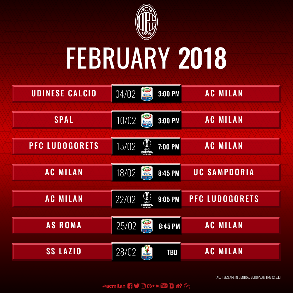 Februárban 24 nap alatt 7 mérkőzés vár a Milanra